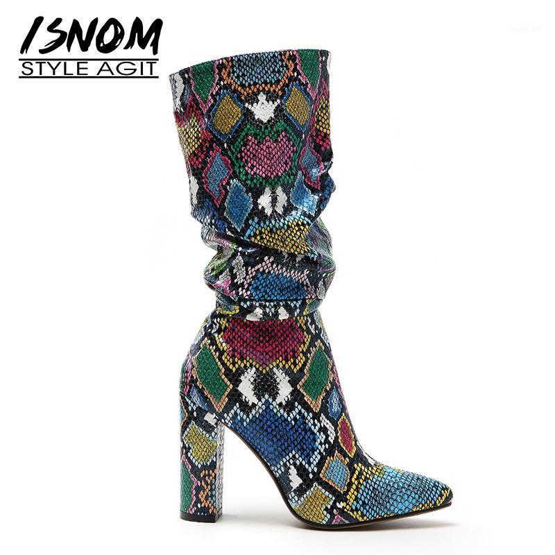 

ISNOM Colorful Snake Skin Boots Women High Heels Boot Pointed Toe Zip Shoes Female Print Party Shoes Ladies Autumn 20201, Brown