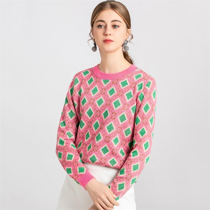 

Vintage Sweet Multicolored Yarn Knit Sweater Women New Fashion O Neck Long Sleeve Ladies Pullovers Casual Pull Femme C-226 201203, Pink