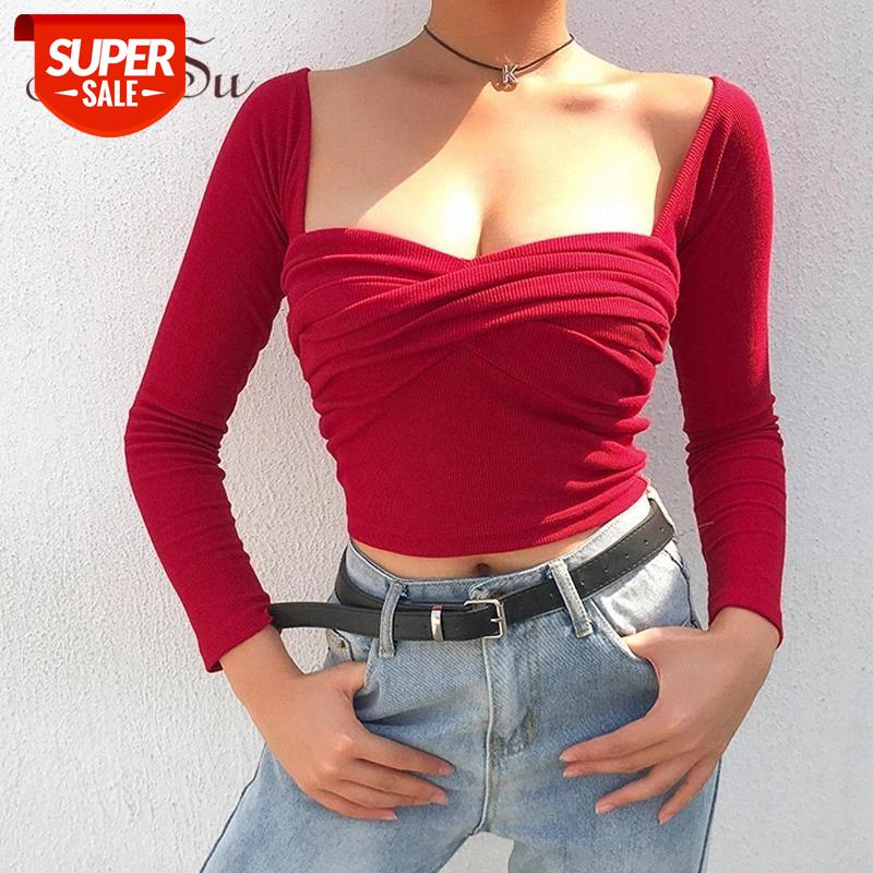 

ArtSu Bandage Vintage Shirt Sexy Tshirts Cotton Women Square Collar Long Sleeve Crop Top T-shirt Femme Red Tee Shirt ASTS21135 #9003, White