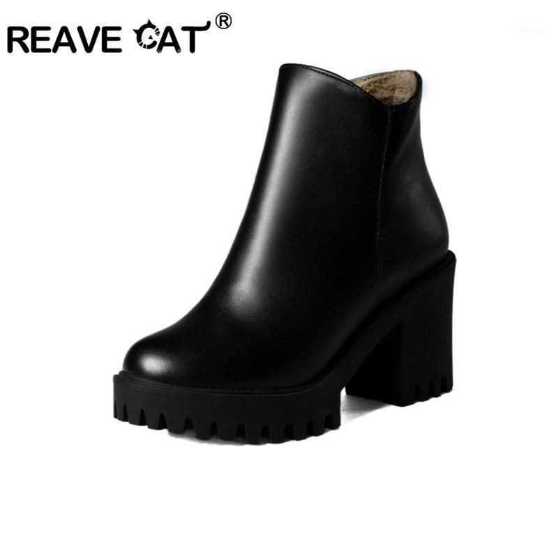 

REAVE CAT Women Platform shoes block high heels ankle boots Black PU leather flock Lady autumn winter shoes big size 43 botas1, Black leather