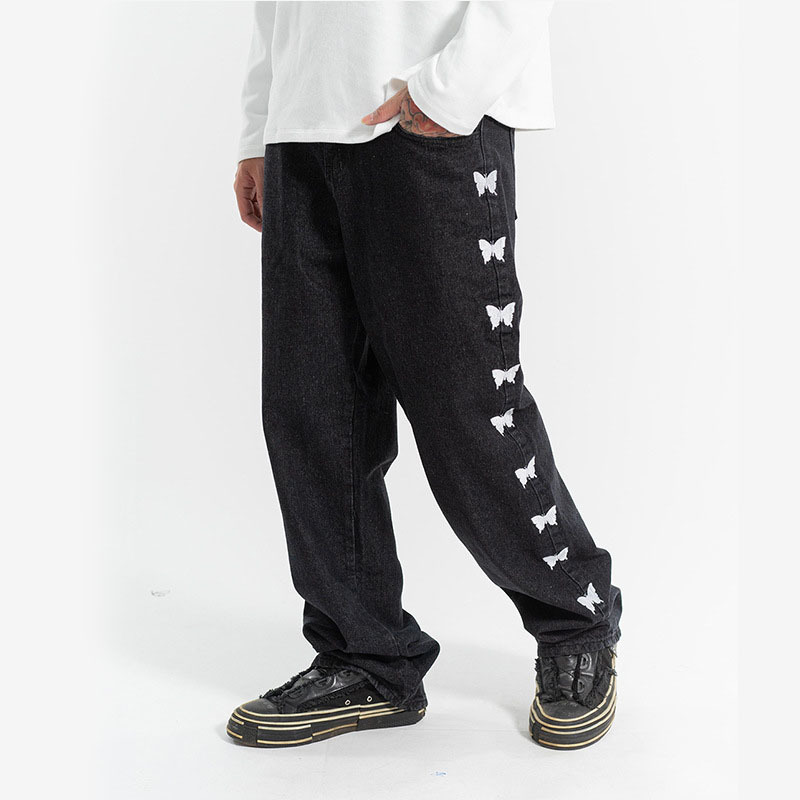 

2020 Butterfly Vintage Side Embroidered Breeches Straight Men Streetwear Hip Pants Brem Pants. Kafm, Black