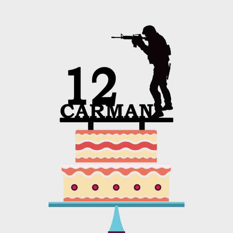 

Personalized Army Fans Birthday Cake Topper Custom Name Age Man Holding Gun Cake Topper For Boys Birthday Decoration YC163