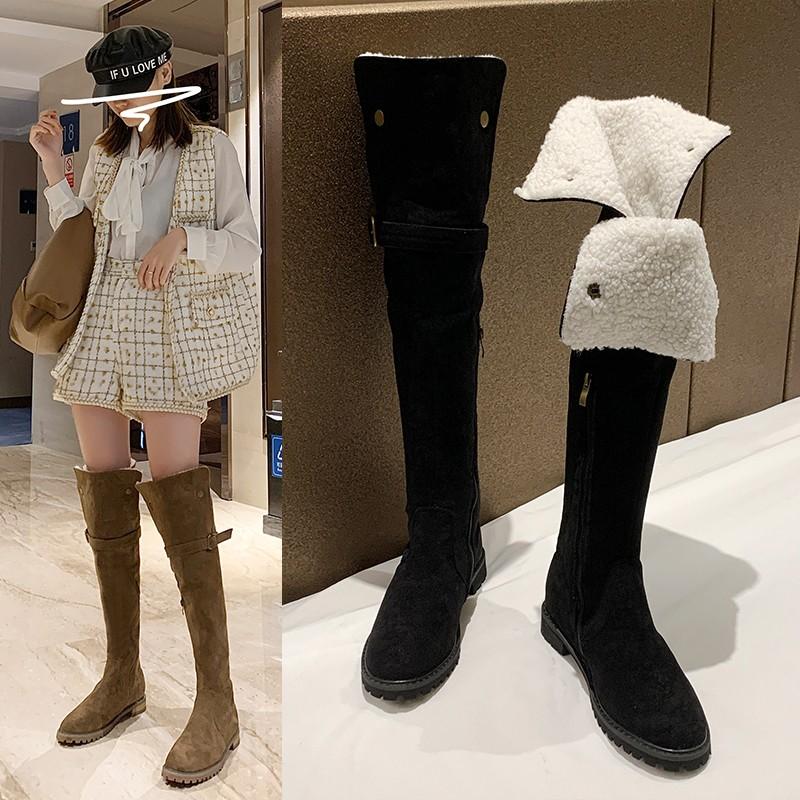 

2020 New High Quality Plus Big Size 31-45 Cow Suede Black Brown Gray Zip Over The Knee Thigh High Autumn Winter Women Boot X1637, As pic
