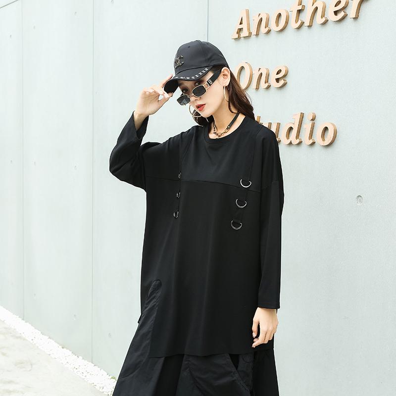 

Streetwear Cool Solid Color O neck WOmen T-shirt 2020 New Style Plus Size Irregular Loose Split Full T-shirt Fashion, Black
