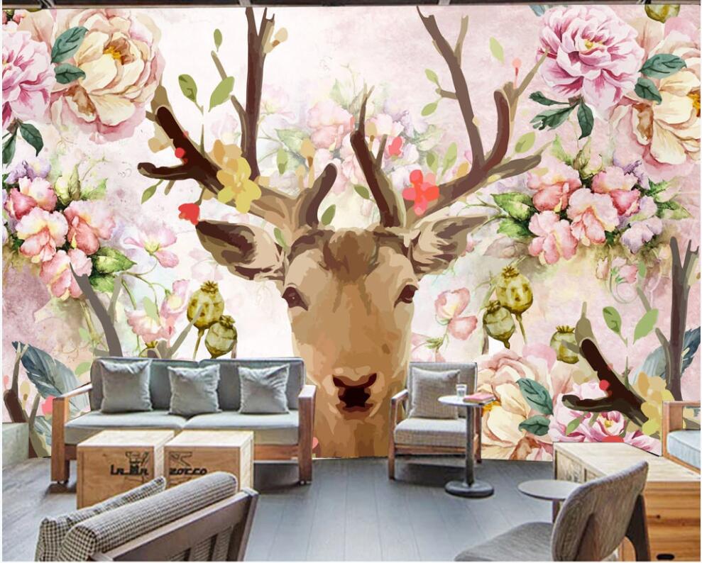 

3d wallpaper custom photo Pink deer head white peony flower living room home decor 3d wall murals wallpaper for walls 3 d in rolls, Non-woven wallpaper