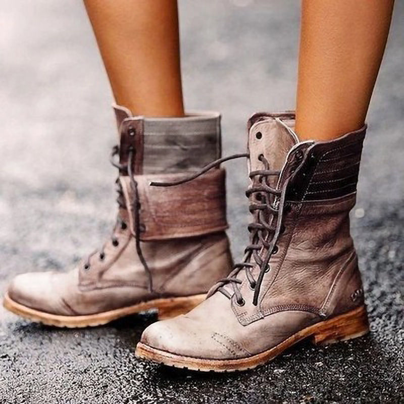 

2020 Chunky Retro Martin Cowboy Boots Woman Toe Round Cross-tied Zapatos for Female Shoes Track 1zex, The picture