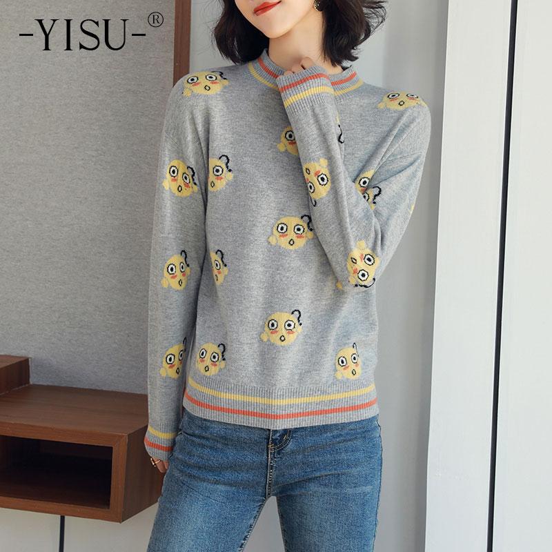 

YISU 2020 Autumn Winter New Women Sweater O-neck Cartoons Wool Jumper Fashion Casual All-match Female Bottoming shirt, Huise