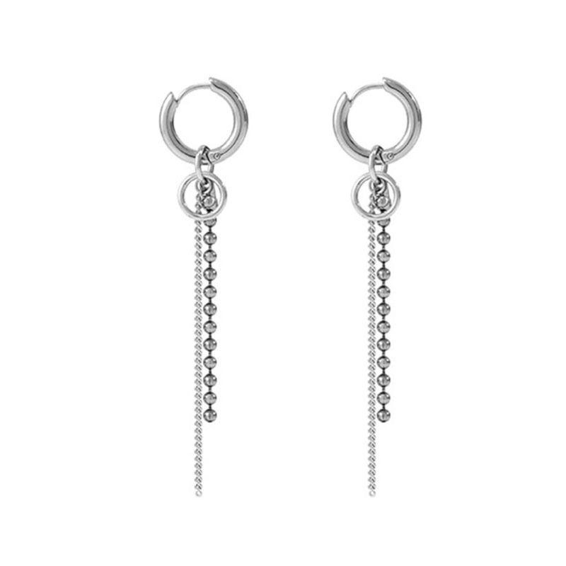 

Punk Titanium Steel Double Ball Chain Tassel Hoop Earrings Korean Jewelry Unisex
