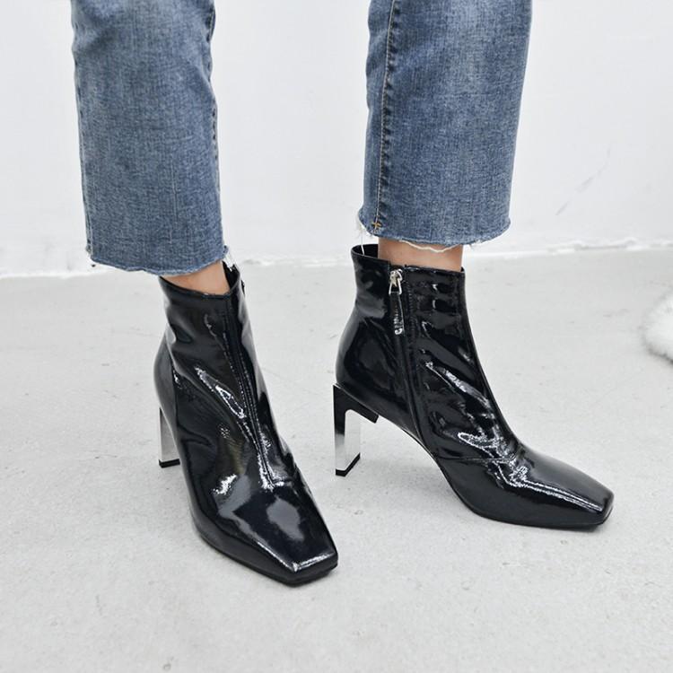 

Wrinkle Shiny Leather Square Toe Trendy Women Shoes Metal Strange Heel Zipper Ankle Boots Black Shoes1