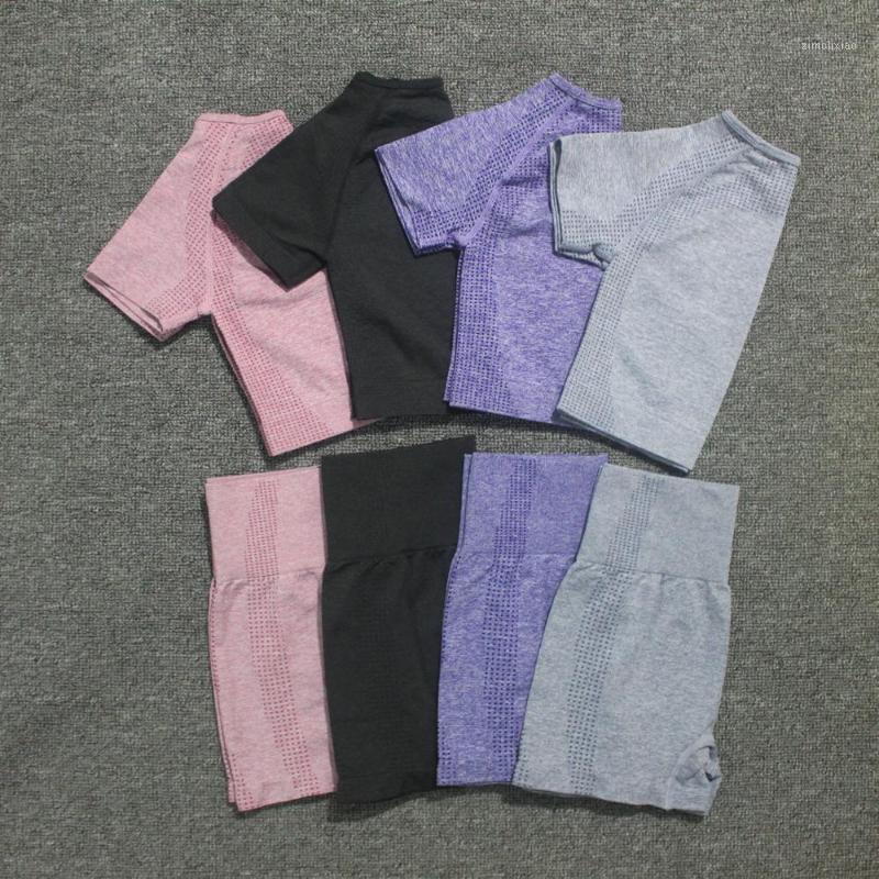 

2pcs/set Summer Women Vital Seamless Yoga Set Fitness Short Sleeve Crop Top Shirts Running Shorts Workout Clothes Women Gym Set1, Black set
