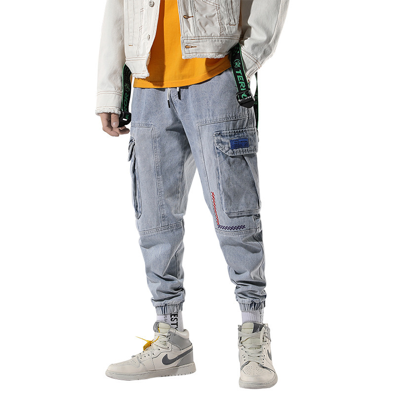 

2021 New New Fashionable Streetwear Men's Brem Wide Set Pocket Designer Embroidery Denim Hip Cargo Brim Pants Jxk9, Blue