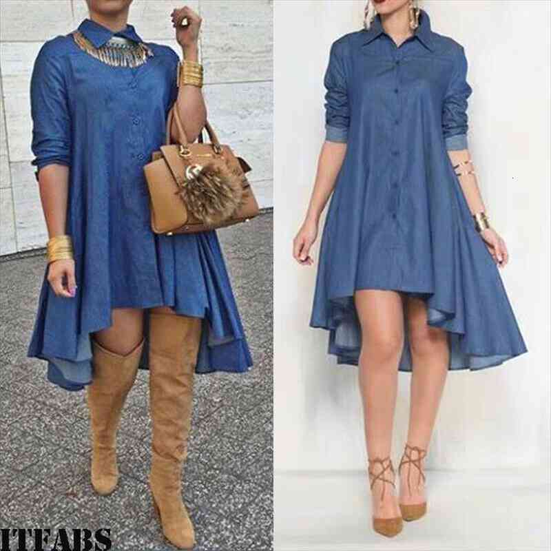 

Summer Women Blue Denim Shirt Ladies Long Sleeve Casual Loose Shirt Mini Dress, Black;gray