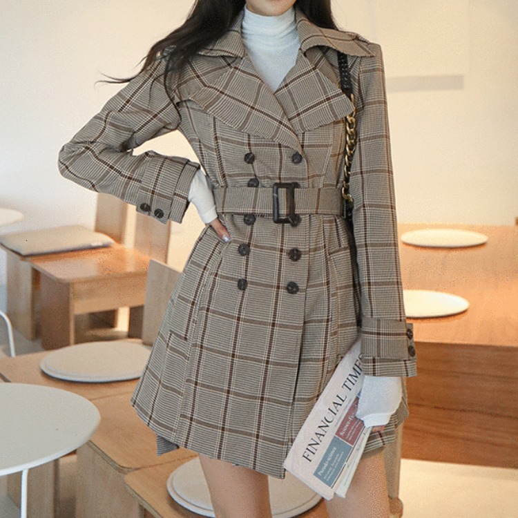

2021 New Korean Double Hanger Short-waisted Lapel Chess Trench Coat Elegant Nv Wai Tao YSHV, Lattice
