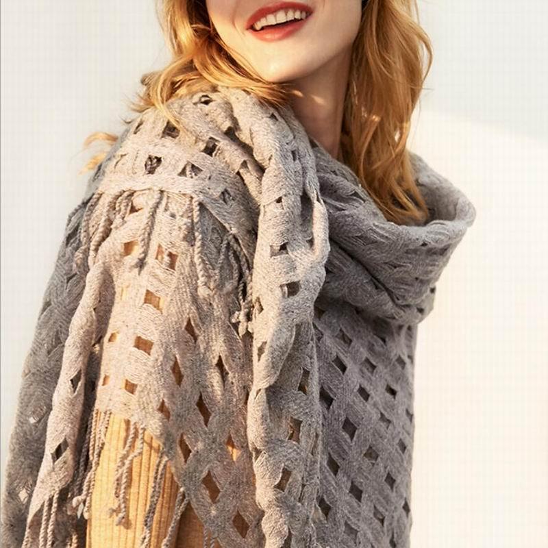 

New 100 Wool Scarf Women High Quality Hollow Out Pure Wool Scarfs Khaki Shawls Winter Warm Lady Gift Free Shipping