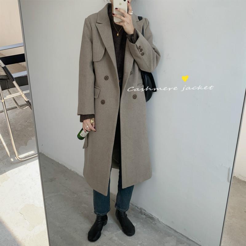 

Women Winter Vintage Super Long Cashmere Overcoat Double Breasted Wool Coat Notched Collar Jacket with Waistbelt Outwear, Black