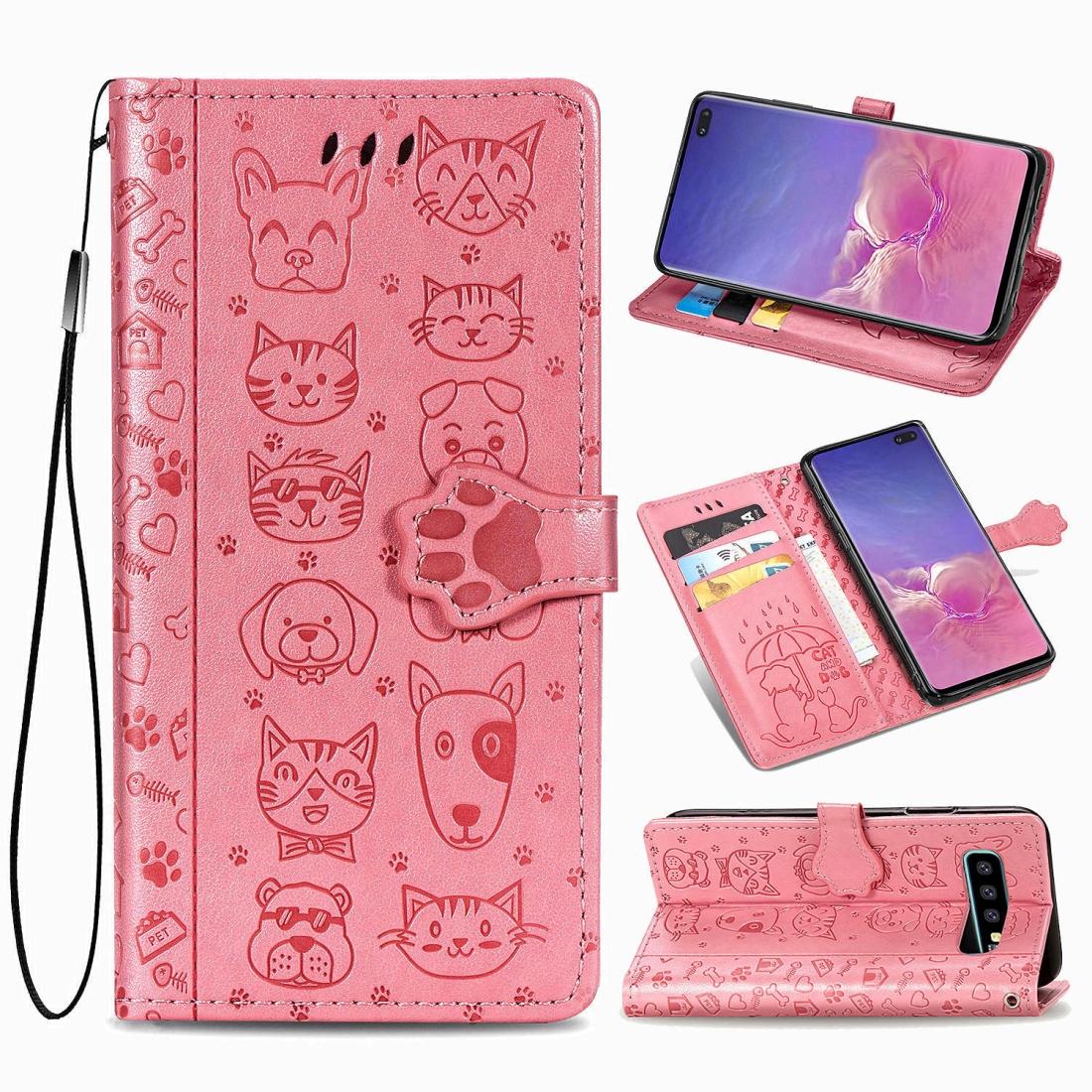 

For Galaxy S10 Plus Cute Cat and Dog Embossed Horizontal Flip Leather Case with Bracket Card Slot Wallet Lanyard