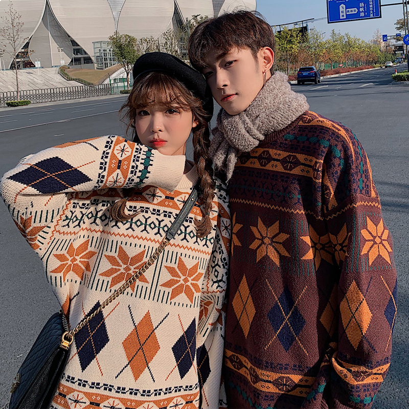 

2021 New Vintage Thickening Geometric Pattern Blouses Autumn Female Pullovers Jumpers Women's Sweater Couple Tp7q, 313brown