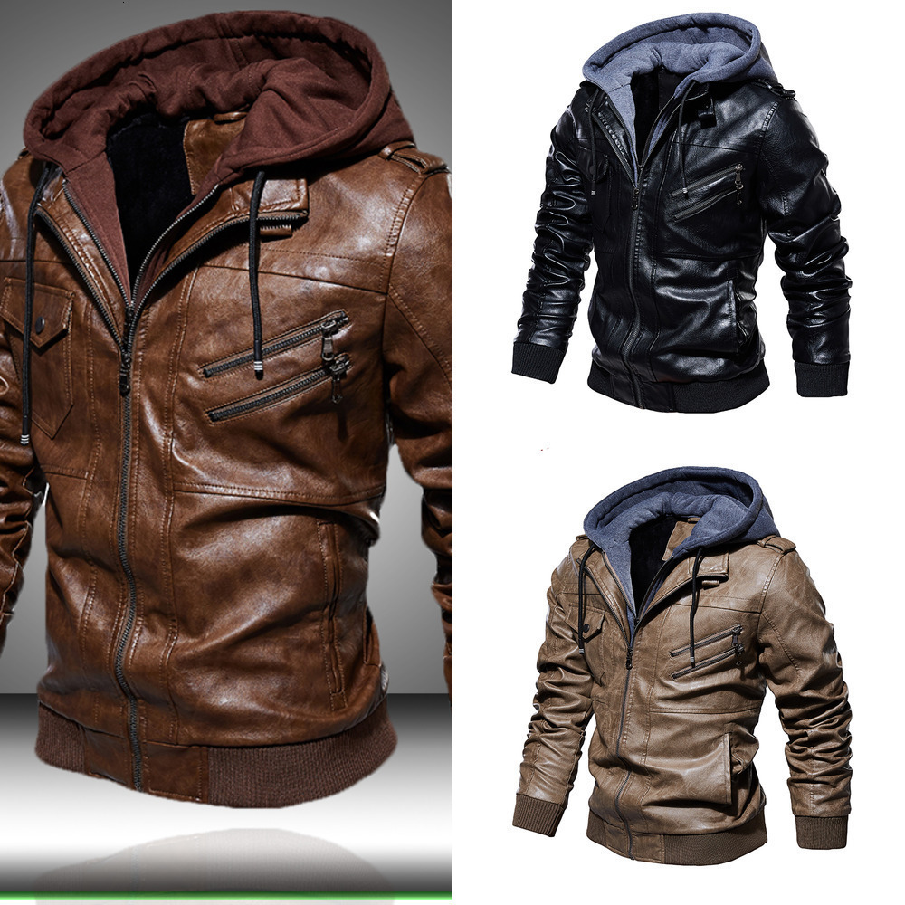 

Warm Men's PU Jacket Men Motorcycle Hood Winter Coat Man Casual Leather Jackets Male Slim Fit Bomber Windbreaker, Ddt14-coffee