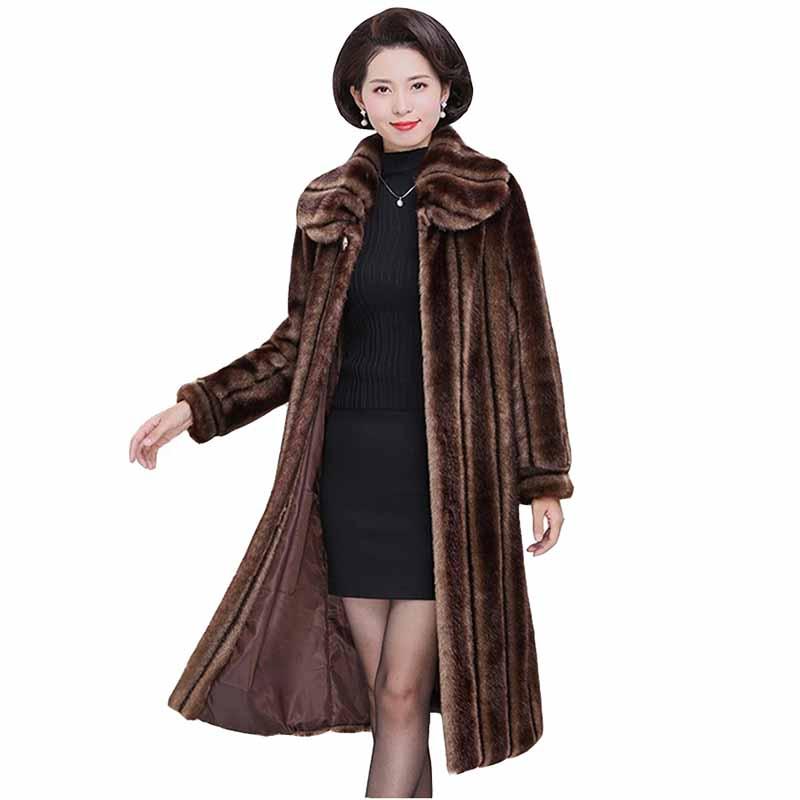 

New High Quality Stripe Coat Middle-aged Women Winter Faux Fur Long Jacket Plus Size Thicken Loose Casual Outwear KW429, Coffee
