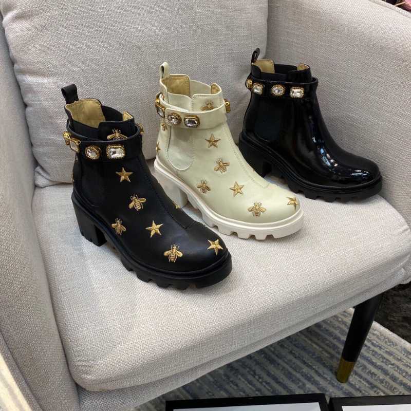 

Hot Sale Winter Shoes Women Ankle Genuine Leather Women Boots Round Toe Slip On Med Heels Crystal Boots Zapatos De Mujer, As pic