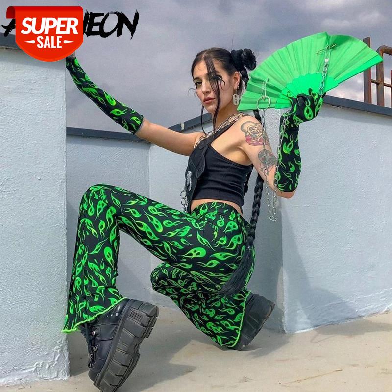 

ALLNeon E-girl Style Long Pants Green Printing Flare Pants Fashion Rave Festival Streetwear Trousers Women Punk Clothes #QX5R, Black;white