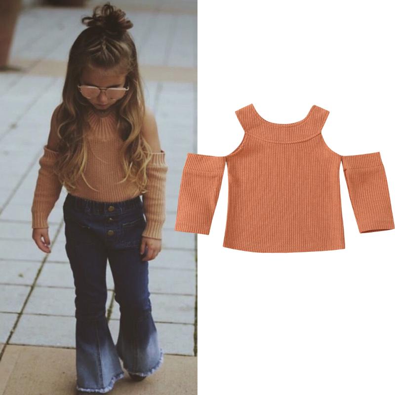

Toddler Baby Girl Off-shoulder Knitwear Hairball Knit Sweater Top Solid Color Long Sleeve Round Collar Baby Clothing, Brown