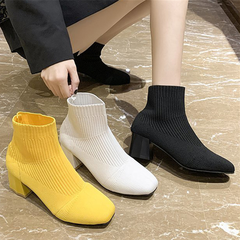 

2021 Women's Fashions Knit Socks Winter Elastic Fabric Ankle Medium Heels Hot Boots 1sep, Black