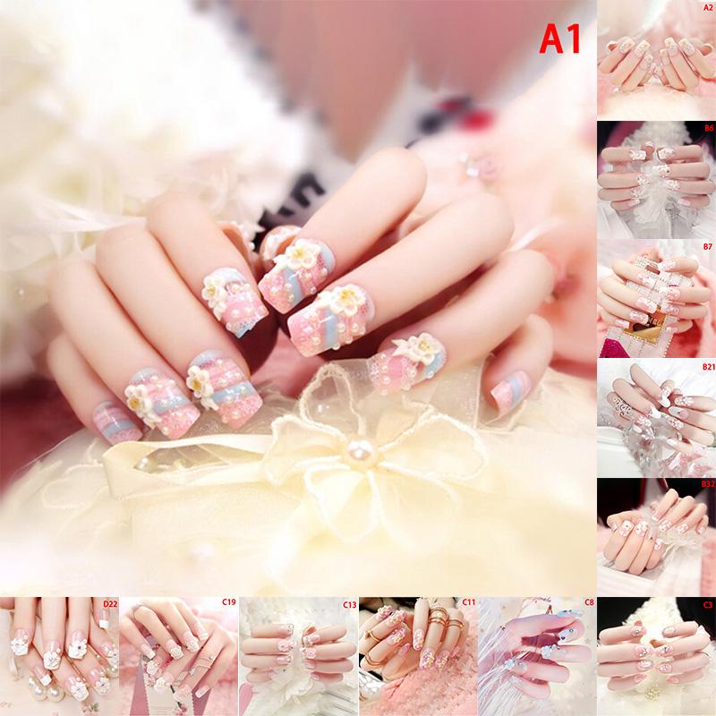

Fake Nails With Glue Wedding Bride Full Nail Tips Middle-Long French, A1