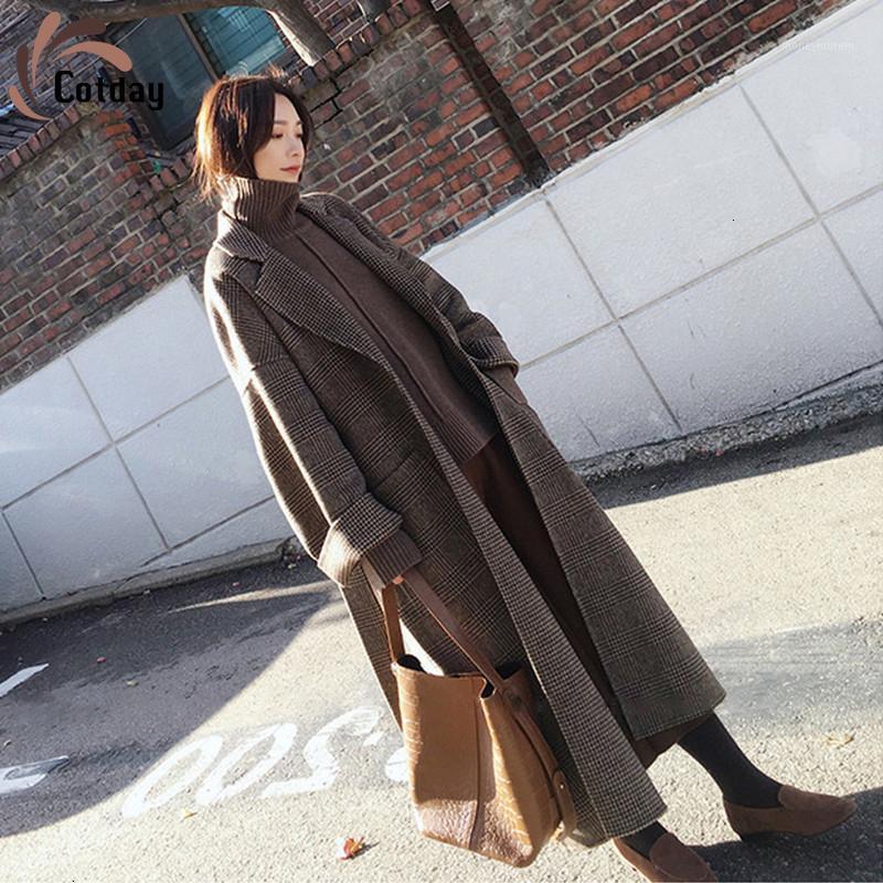 

Cotday Cotton Long Belt Plaid Turn-down Collar Loose 2021 Fashion High Street Manteau Winter Women Female Woolen Blend Overcoat1