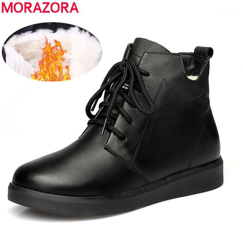 

MORAZORA 2020 new arrival women ankle boots genuine leather wool winter boots round toe zip flat shoes woman snow black1, Black