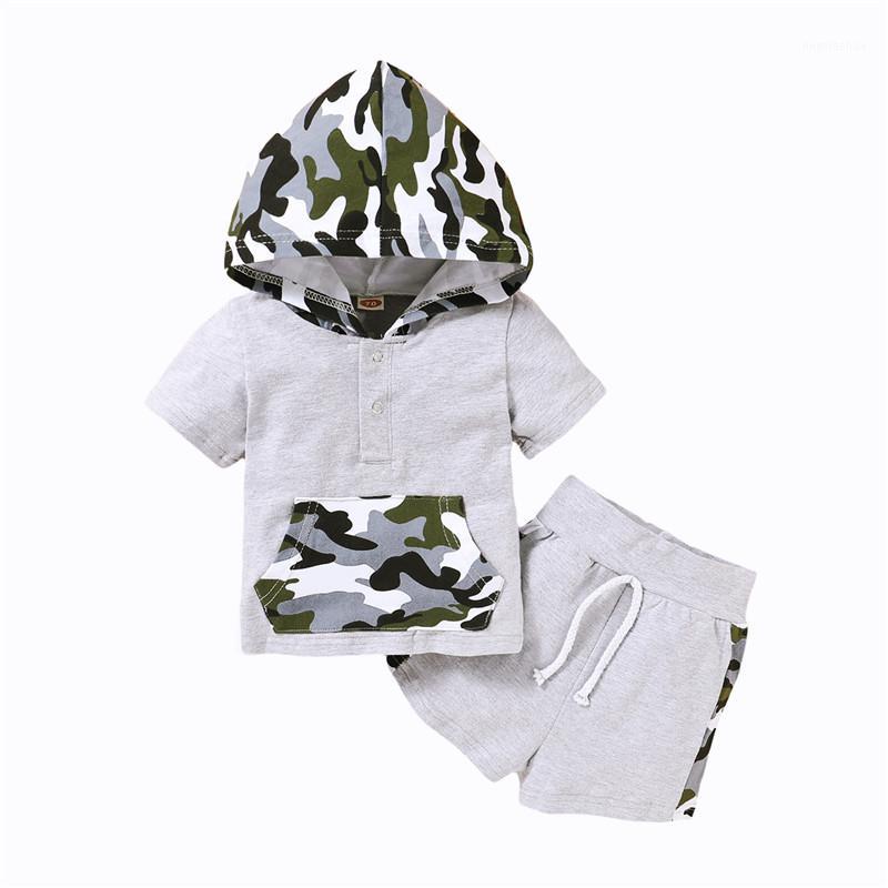 

PUDCOCO New Kids Baby Boys 2Pcs Outfit Set Short Sleeve Hooded Button Camouflage Top Drawing Straps Elastic Band Pants 3M-4T1, As pic