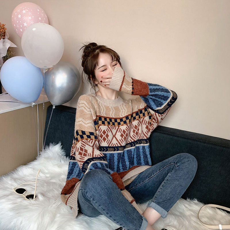 

2021 New Autumn Winter Harajuku Khaki Knitting Sleeve Casual Long Women Warm Printed Sweater Soft Sweet Pullover Htct