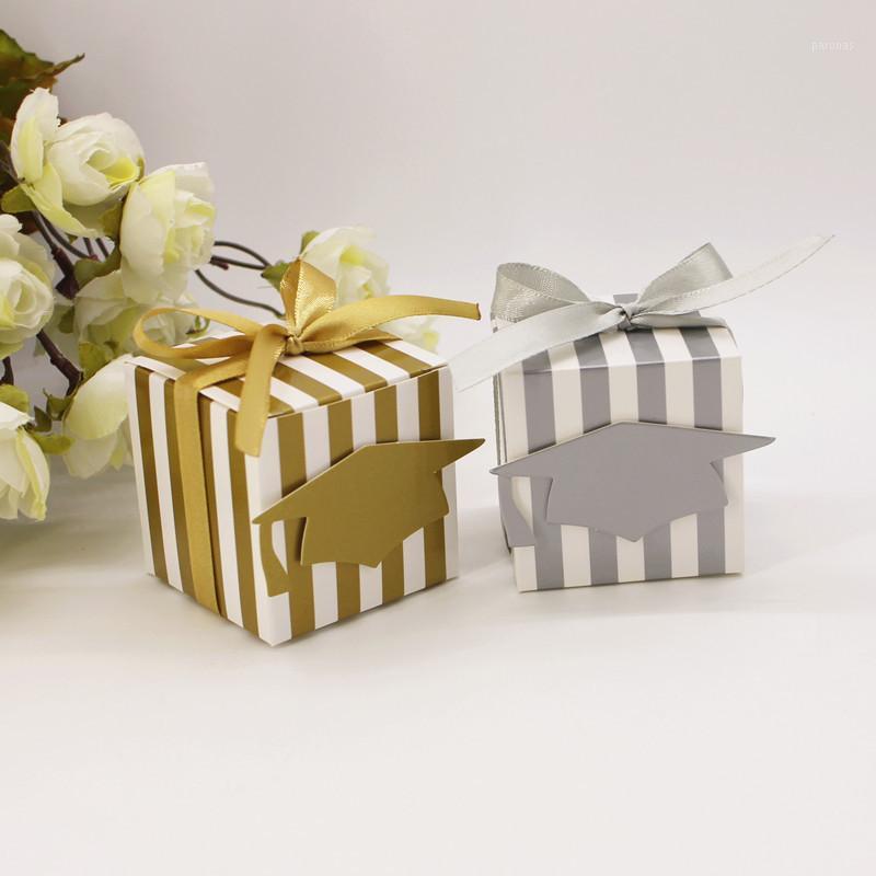 

50pcs High quality graduation season candy box Dr. hat square gift packaging golden striped classic chocolate sugar favors boxes1