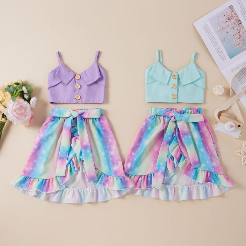 

0-4 Year baby clothes girls set cute 2021Toddler Baby Girls Suspender Tops+Rainbow Tie-Dyed Printed Ruffles Skirt Outfits suits, Purple