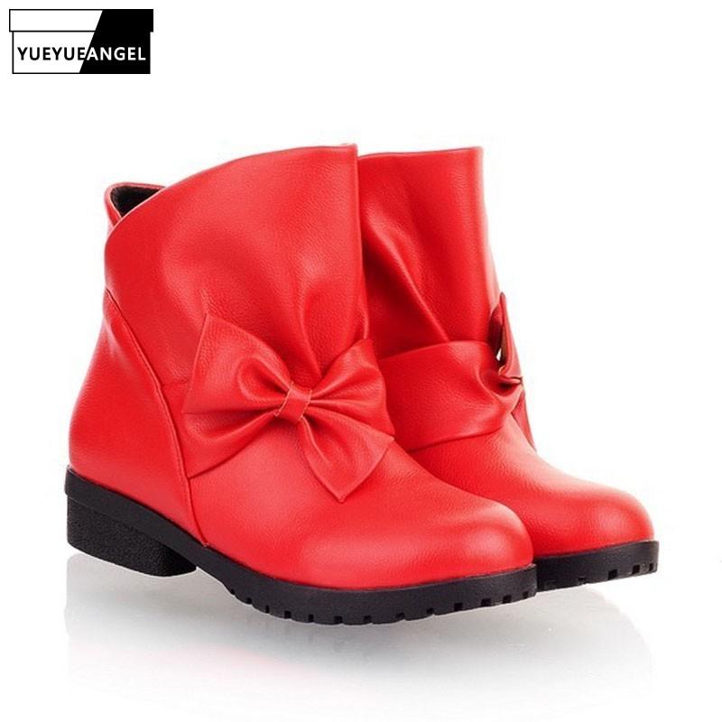 

Autumn Pu Leather Womens Boots Kawaii Bowknot Girls Ankle Boots Large Size 4-13 Block Chunky Heel Comfort Fashion Female Shoes, Red