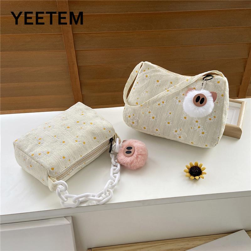 

Daisy Small Tote Ladies' Underarm Bag Zipper Half Moon Bags Embossed Flower Cloth Chain Purse Summer Women Mini Canvas Handbag, Style 1