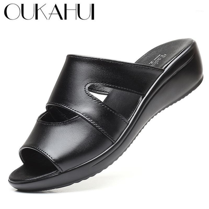 

OUKAHUI Size 35-43 Summer Genuine Leather Flip Flop Woman Sandals Shoes Solid Color Outdoor Wedge Heel 3.5CM Open Toe Slippers1, Green 1322