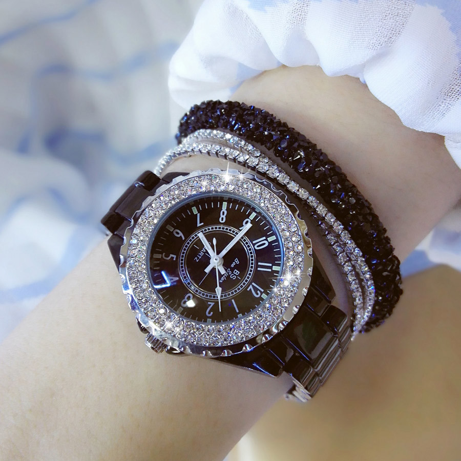 

Women Watches Top Brand Luxury Ceramic Women's Watch Fashion Quartz Women Wrist Watch Diamond White Female Wristwatch 201119, Black 0280t