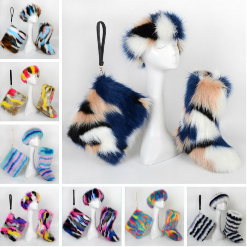 

Women Lady Faux Fox Fur Snow Boot Bag Set 3 Pieces Headband With Fur Lined Lining Winter Plus Size Furry Fluffy Outdoor Mid-boot