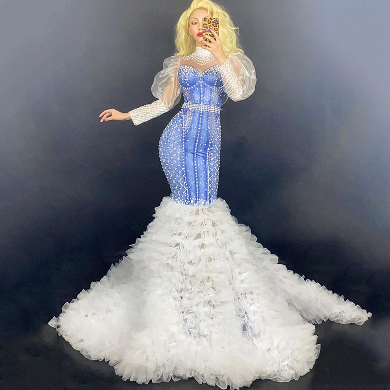 

Sparkly Rhinestone Pearl Long Tail Dress Women Birthday Transparent Sleeves Prom Celebrate Dancer Dresses Singer Stage DT2947, As picture