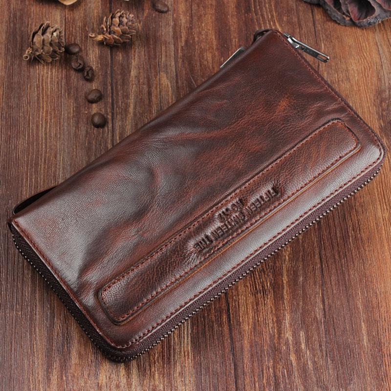 

Purse Handmade Sheepskin Wallet Men's YKK Zipper Leather Retro Long Handbag Soft Ruched Genuine Wallet Men Clutch Bag1, Brown