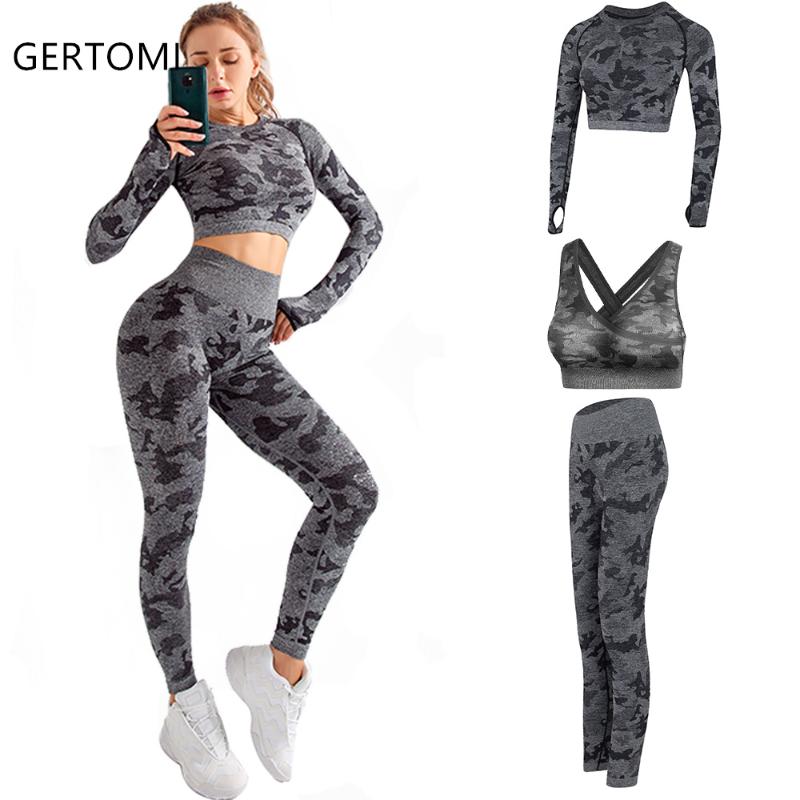 

3PCS Camouflage Camo Yoga Set Sports Wear For Women Gym Fitness Clothing Long Sleeve Crop Top High Waist Leggings + Sport Bra, Purple