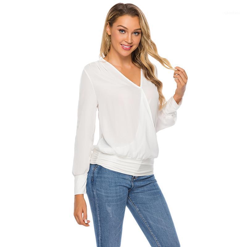 

Fashion Women V Neck Chiffon Blouses Summer Top Long Sleeve Shirt Casual Tops Blusas Mujer De Moda 20201, White