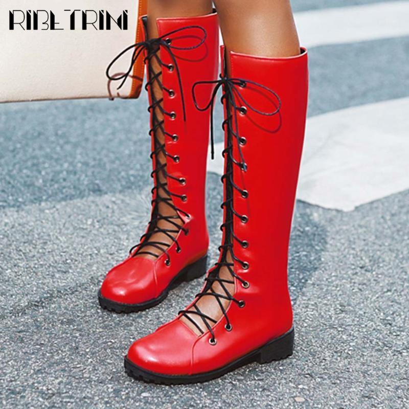 

RIBETRINI Ins Hot Girl Solid Brand Cool Shoes Shoes Lace Mid Calf Women Boots 2020 Casual Brand Design Low Heel Boots1, Red