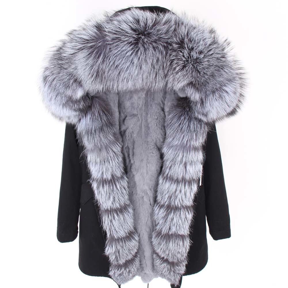 

2021 New Streetwear Long Fox Skin Detachable Lining Rabbit Fur Women's Winter Coat YS81, Fuchsia