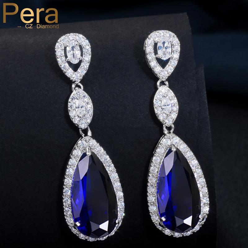 

Pera Stunning Royal Blue Cubic Zirconia Stone Paved Women Jewelry Long Oval Shape Hanging Drop Earrings for Evening Party E059, Silver