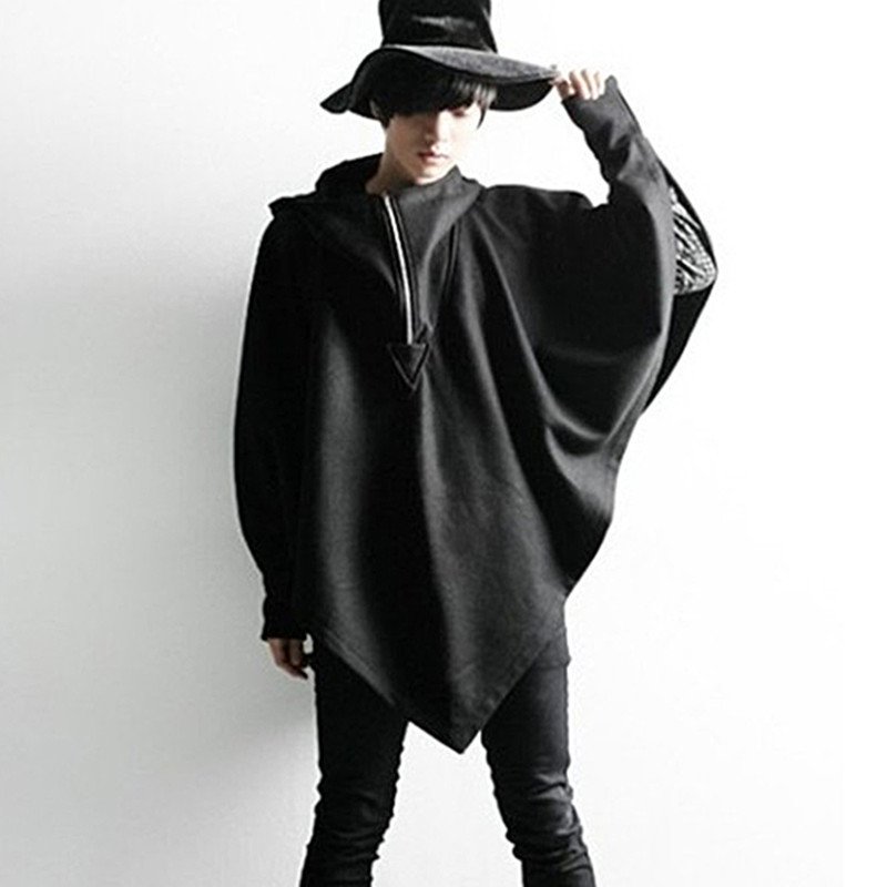 

2021 Autumn Personality Men in Hood Long Wool Trench Nightclub Stage Costume Coat Gothic Clothes Izqu, Black