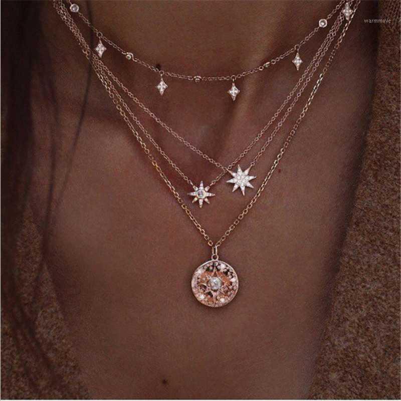 

Free Shipping Multilayer Crystal Pendant Choker Necklace Women Crystal Star Chain Pearl Inlay Pendnats Necklaces1
