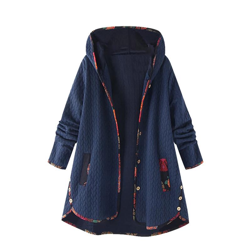 

Women Long Sleeves Fashion Hooded Coat Vintage Printing Splicing Button Jacket Loose Outerwear Autumn Winter Warm Overcoat Tops, Ny