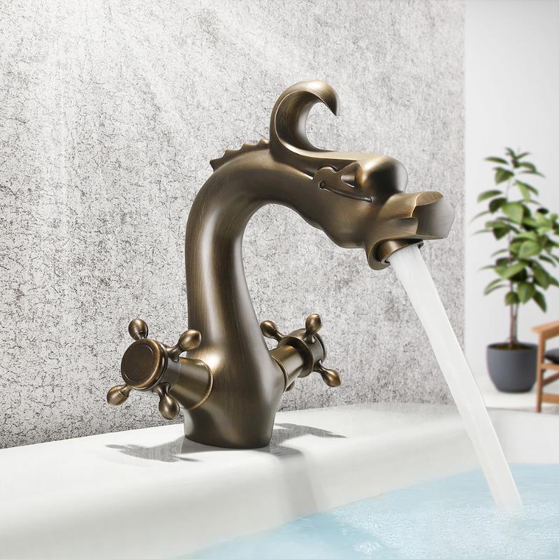 

SKOWLL Tap for Bathroom Sink Dual Handle Cold and Hot Water Antique Copper Bathroom Faucet Mixer